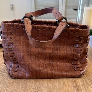 Carolina Herrera Chocolate Brown Embossed CH Logo Tote